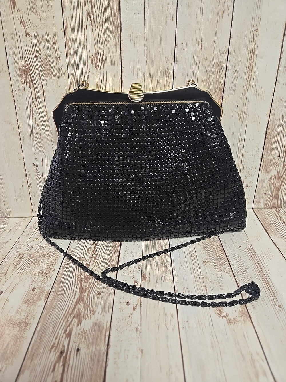 Vintage Black Metal Mesh Evening Bag Gold Tone Frame Chain Strap Purse